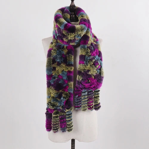Real Rex Rabbit Fur Scarf – Knit Tassel Winter Shawl