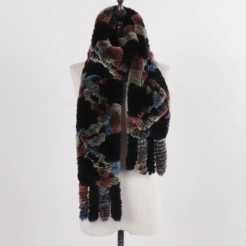 Real Rex Rabbit Fur Scarf – Knit Tassel Winter Shawl
