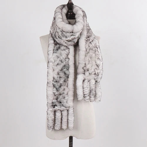 Real Rex Rabbit Fur Scarf – Knit Tassel Winter Shawl