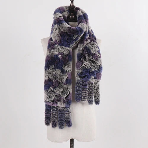 Real Rex Rabbit Fur Scarf – Knit Tassel Winter Shawl