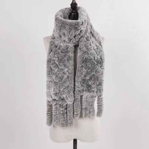 Real Rex Rabbit Fur Scarf – Knit Tassel Winter Shawl