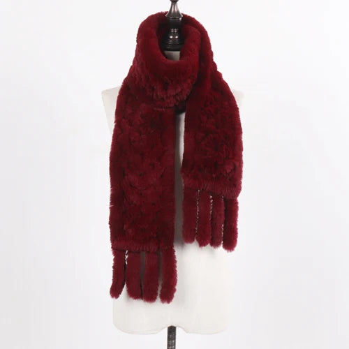 Real Rex Rabbit Fur Scarf – Knit Tassel Winter Shawl