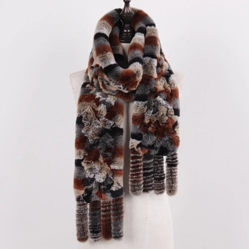 Real Rex Rabbit Fur Scarf – Knit Tassel Winter Shawl