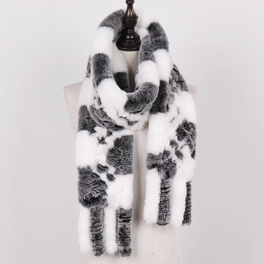Real Rex Rabbit Fur Scarf – Knit Tassel Winter Shawl