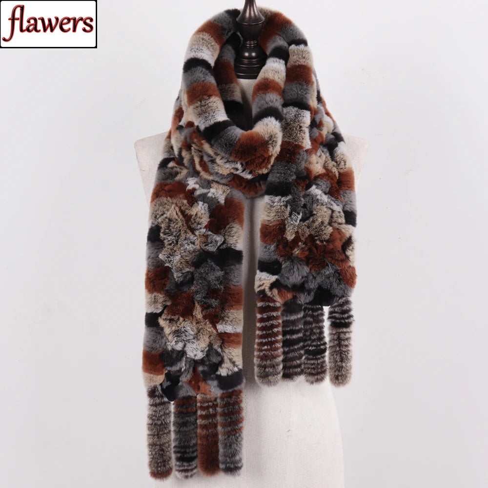 Real Rex Rabbit Fur Scarf – Knit Tassel Winter Shawl