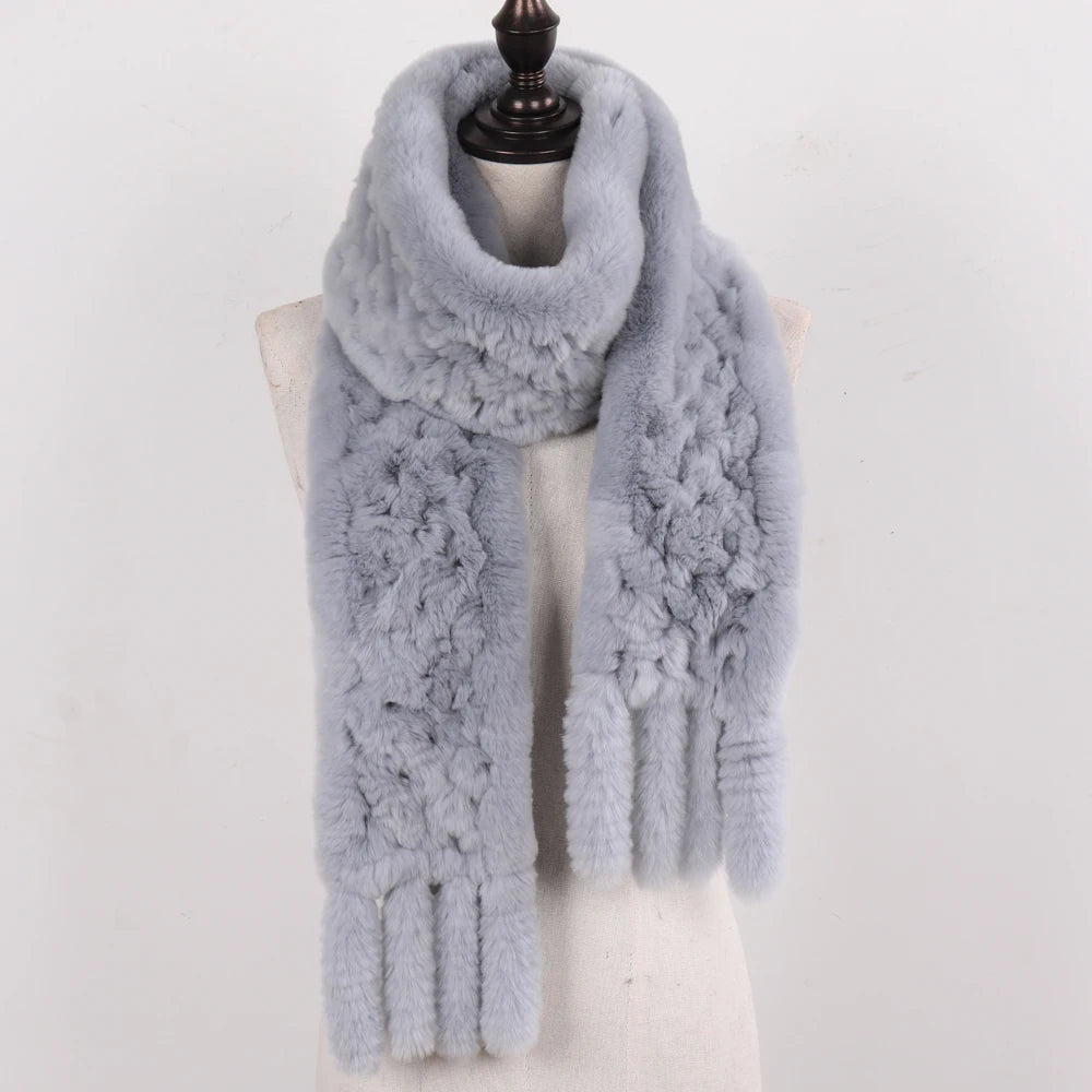 Real Rex Rabbit Fur Scarf – Knit Tassel Winter Shawl