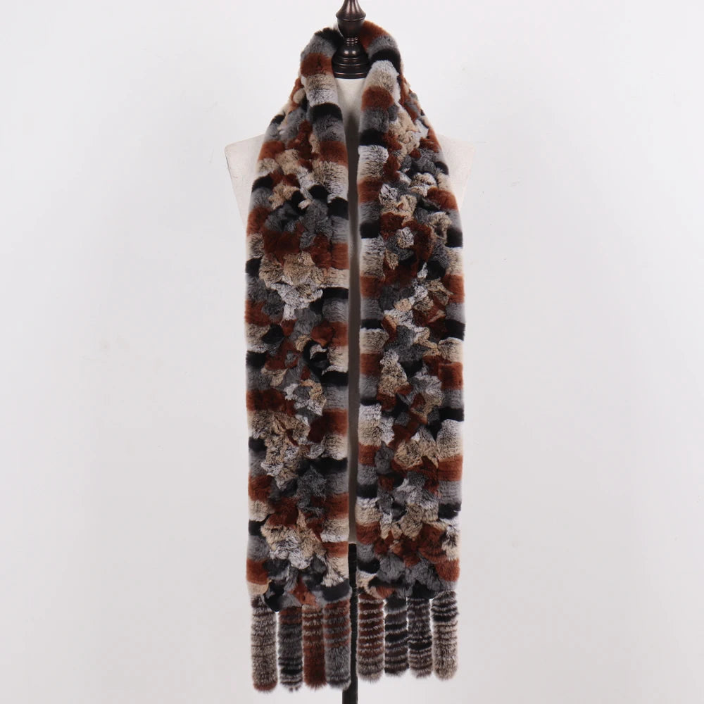 Real Rex Rabbit Fur Scarf – Knit Tassel Winter Shawl
