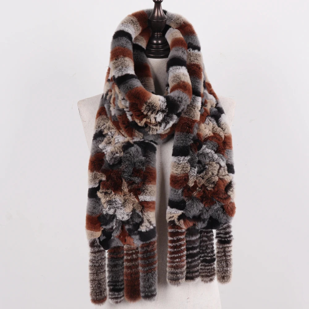 Real Rex Rabbit Fur Scarf – Knit Tassel Winter Shawl