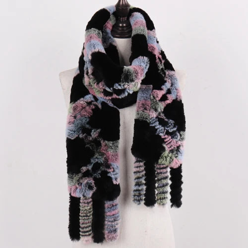 Real Rex Rabbit Fur Scarf – Knit Tassel Winter Shawl
