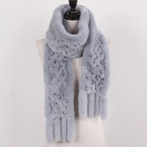 Real Rex Rabbit Fur Scarf – Knit Tassel Winter Shawl