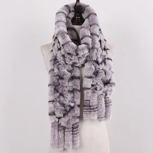 Real Rex Rabbit Fur Scarf – Knit Tassel Winter Shawl