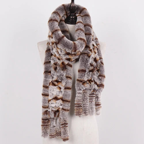Real Rex Rabbit Fur Scarf – Knit Tassel Winter Shawl