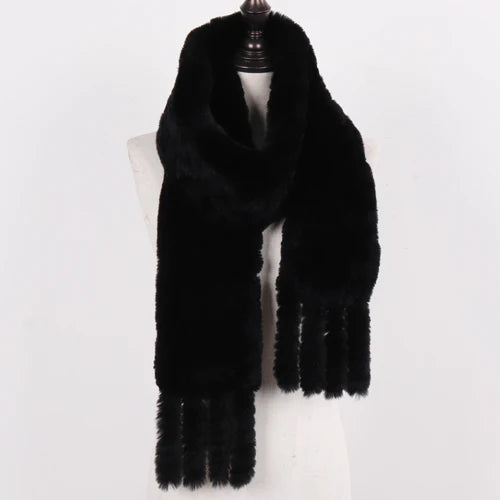 Real Rex Rabbit Fur Scarf – Knit Tassel Winter Shawl