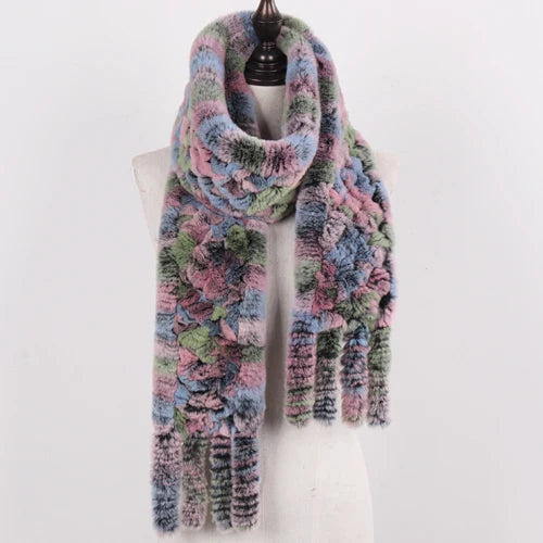 Real Rex Rabbit Fur Scarf – Knit Tassel Winter Shawl