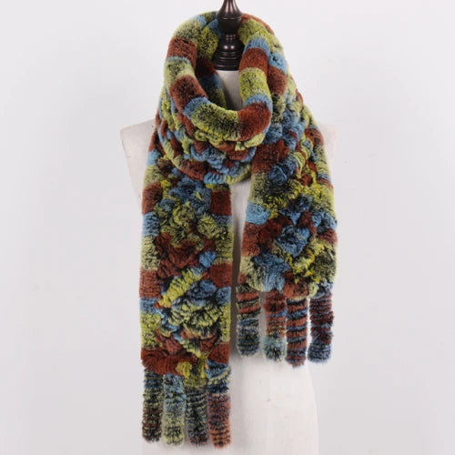 Real Rex Rabbit Fur Scarf – Knit Tassel Winter Shawl