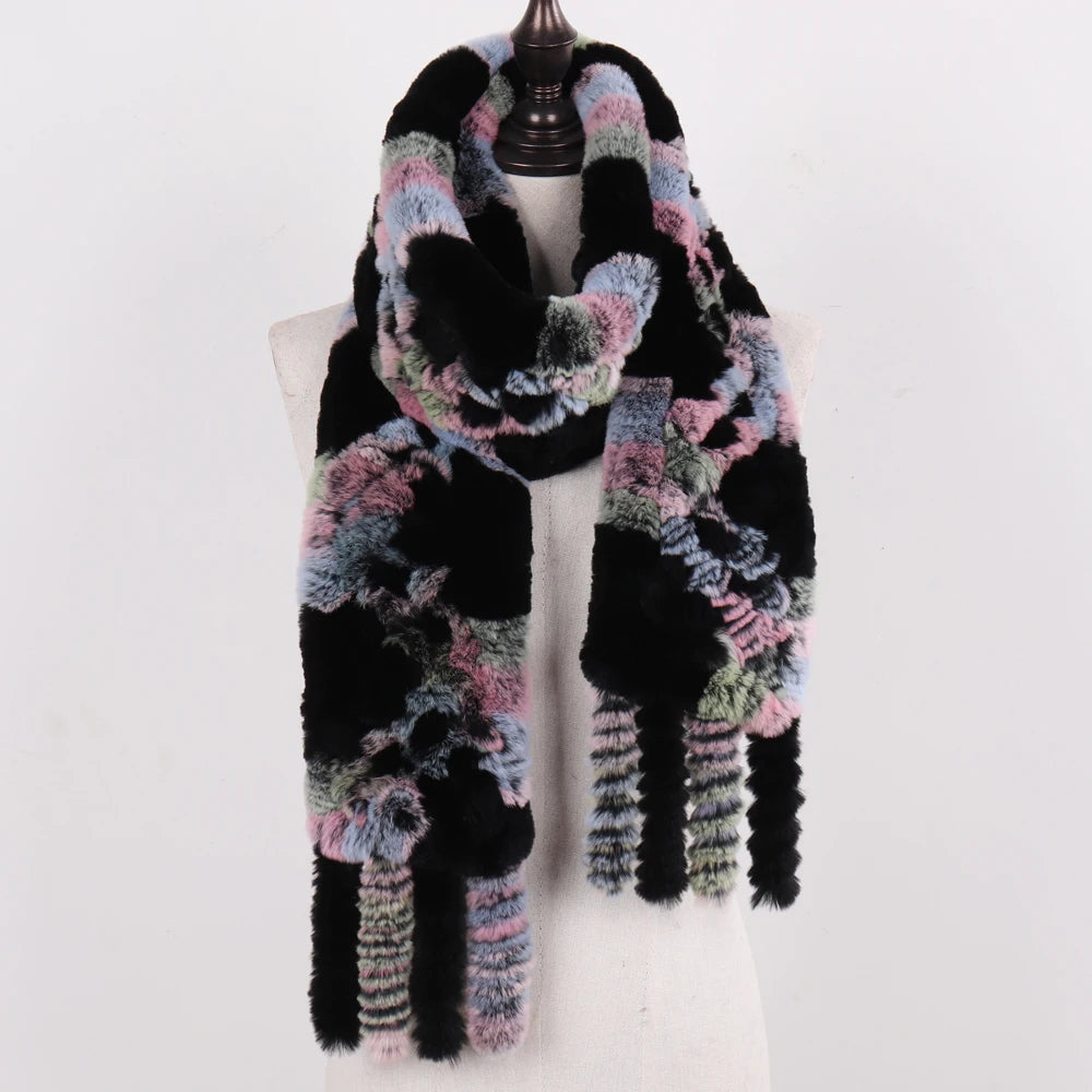 Real Rex Rabbit Fur Scarf – Knit Tassel Winter Shawl