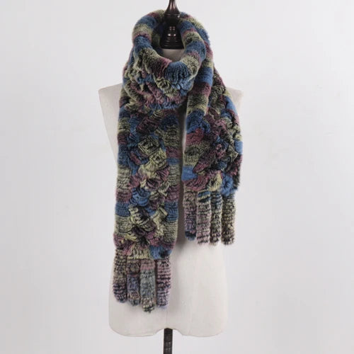 Real Rex Rabbit Fur Scarf – Knit Tassel Winter Shawl