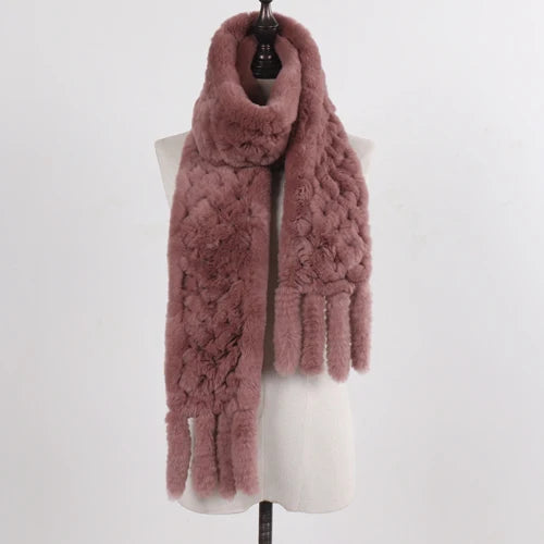 Real Rex Rabbit Fur Scarf – Knit Tassel Winter Shawl