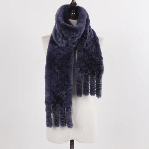 Real Rex Rabbit Fur Scarf – Knit Tassel Winter Shawl