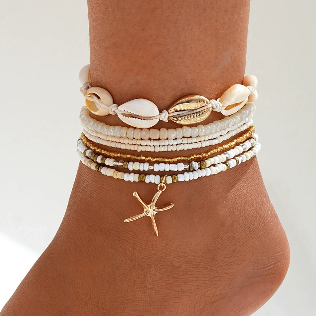 ✨ 3-Piece Beach Anklet Set – Vintage Gold Starfish & Shell Charms