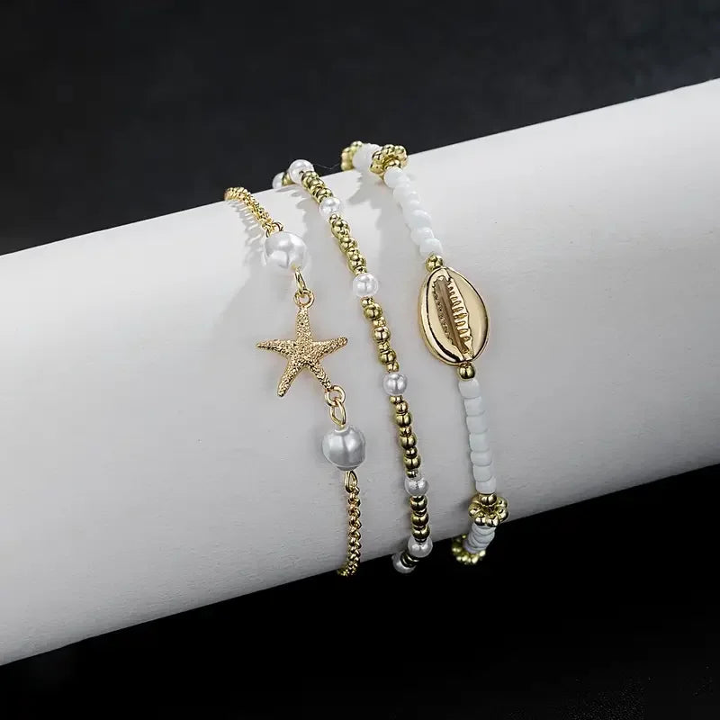 ✨ 3-Piece Beach Anklet Set – Vintage Gold Starfish & Shell Charms