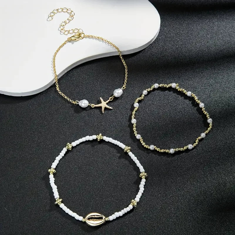✨ 3-Piece Beach Anklet Set – Vintage Gold Starfish & Shell Charms