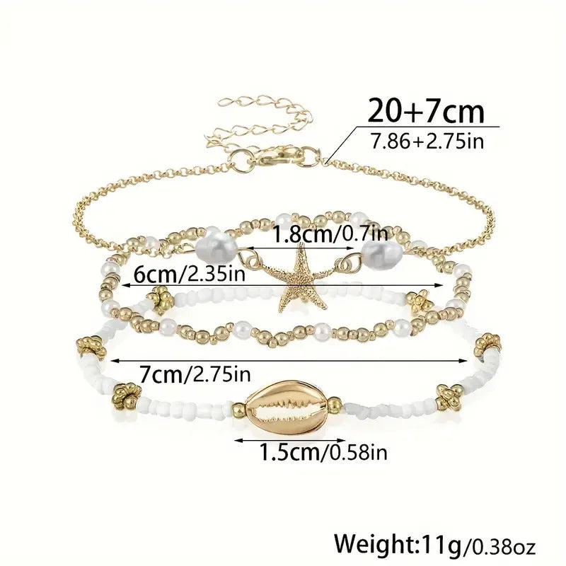 ✨ 3-Piece Beach Anklet Set – Vintage Gold Starfish & Shell Charms