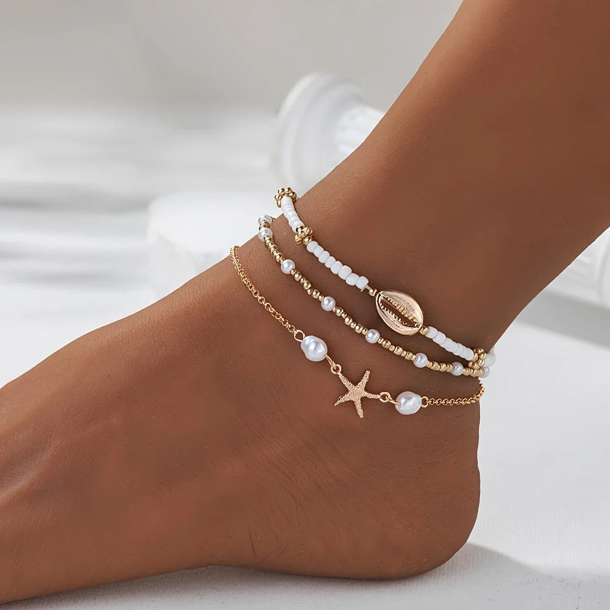 ✨ 3-Piece Beach Anklet Set – Vintage Gold Starfish & Shell Charms